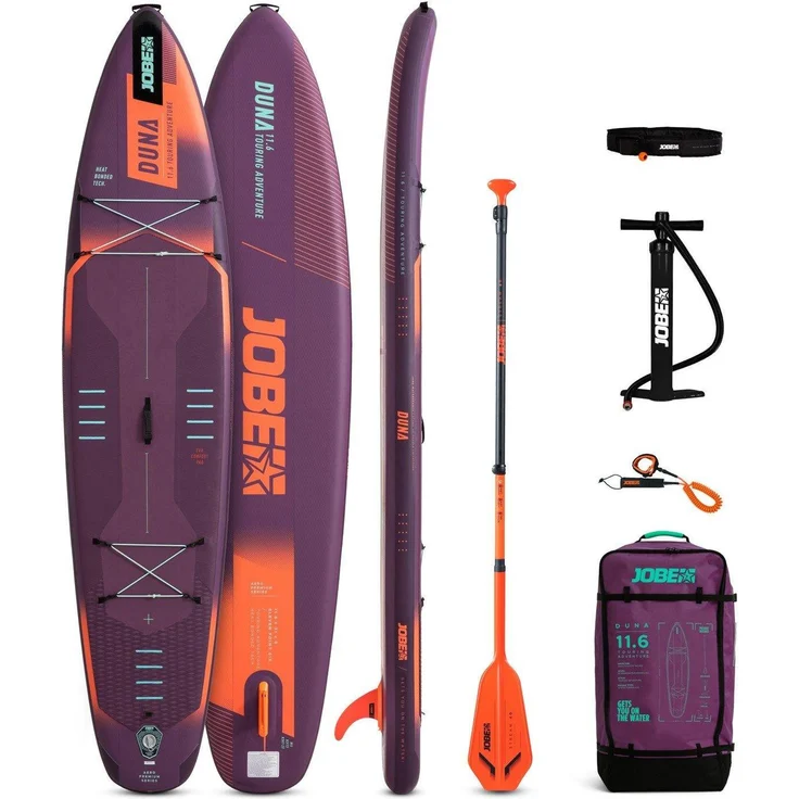 Jobe Aero Duna SUP Board 11.6 Paket, aufblasbar 350 cm, lila, rutschfestes EVA-Deckpad, Carbon-Paddel, Bungee-Netz