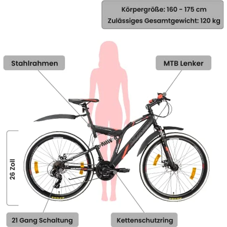 Galano Volt DS Mountainbike Fully, 26 Zoll, 21 Gang, für Jugendliche ab 160 cm, Farben: weiß/grün, schwarz/grün, schwarz/rot – Bild 2