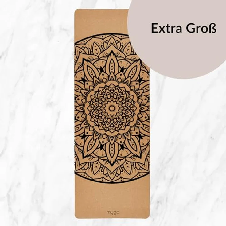 Myga XL Kork Yogamatte, 200 cm x 70 cm, rutschfest, wärmeregulierend, leicht tragbar, 6 mm dick, Mandala Design, ideal für Yoga, Pilates und Meditation – Bild 2