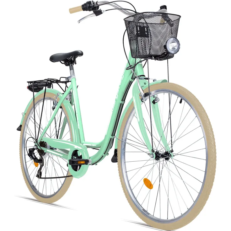 Bergsteiger Florenz 28 Zoll Damenfahrrad, Hi-Ten Stahlrahmen, Shimano 7 Gang-Schaltung, Standlichtfunktion, Damen-Citybike im Retro-Design, blau