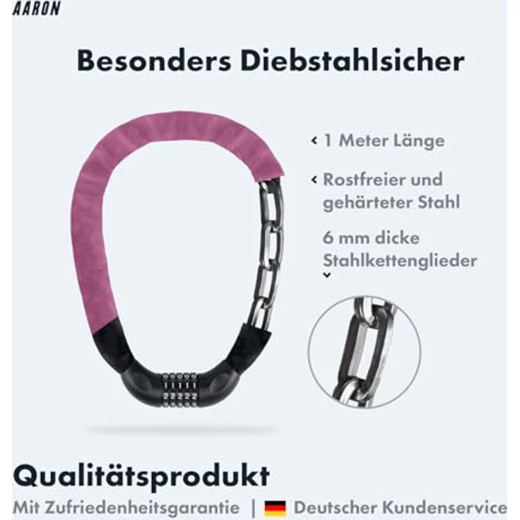 AARON Lock One Fahrradschloss, Kettenschloss mit 5-stelligem Zahlencode, Stahl, hoher Sicherheitsstufe, 100 cm, berry – Bild 2