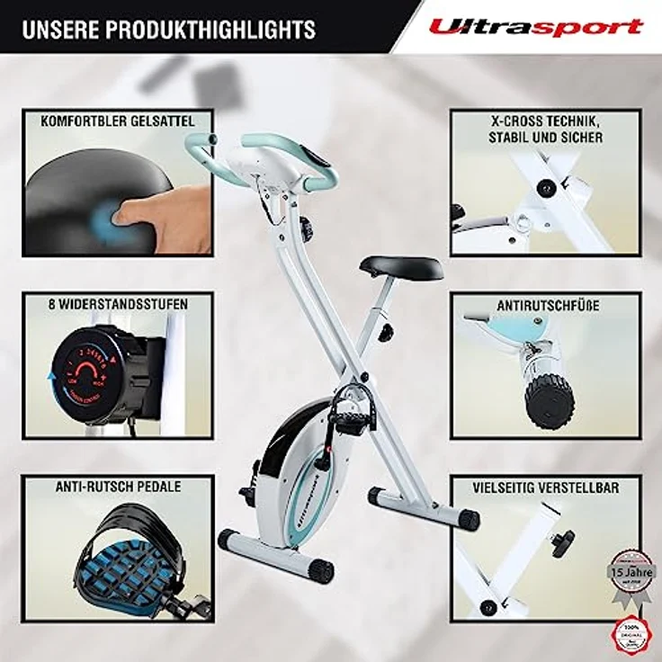 Ultrasport F-Bike, F-Rider Basics, Fahrradtrainer, Fitnessfahrrad LCD Trainingscomputer, Klappbarer Hometrainer, Max. Benutzergwicht 110 kg, Pulsmessung, 8 Widerstandsstufen, Trimmrad, Mint – Bild 5