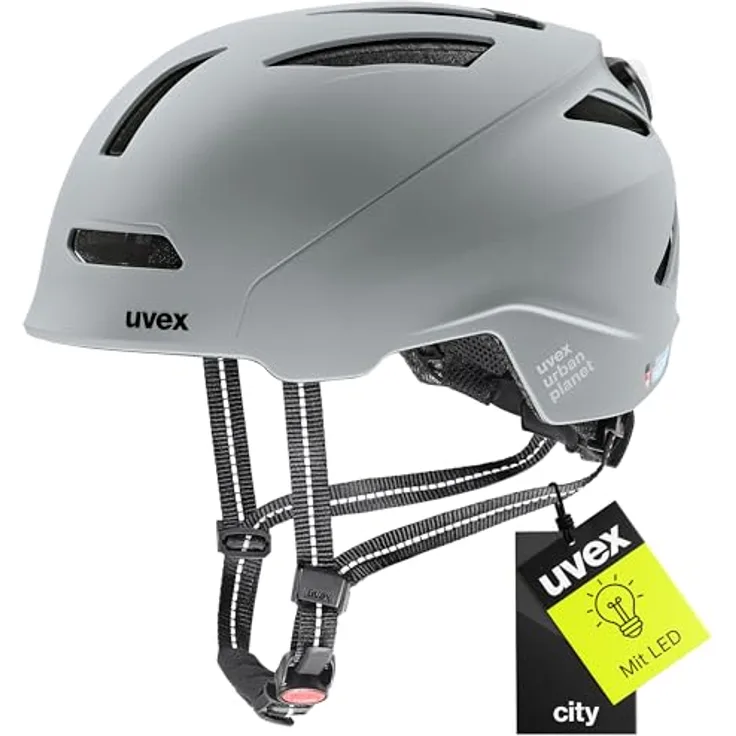 Uvex Sports Urban Planet LED, Velohelm mit integrierter Lichtfunktion, Hartschalenkonstruktion, 58-61 cm, Rhino Matt