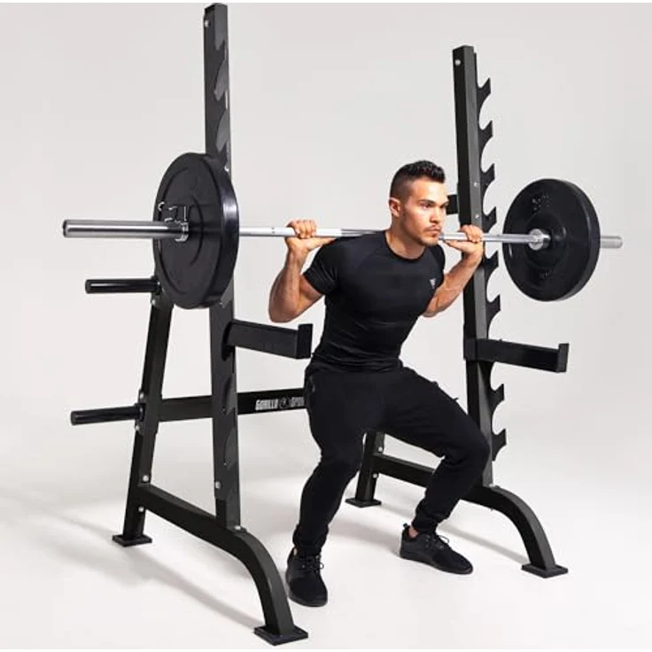 GORILLA SPORTS® Squat Rack, Kniebeugenständer mit Hantelscheibenständer, 9 Ablagen, max. 300 kg, aus Stahl, grau, 162,5 x 115 x 186 cm – Bild 5