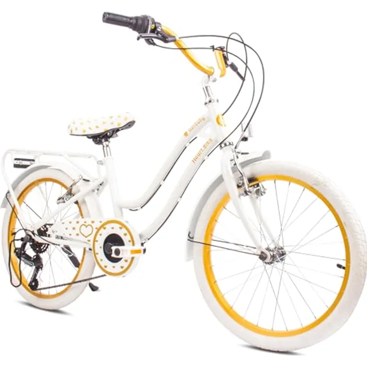 sun baby Mädchenfahrrad 20 Zoll Radgröße Heart Bike 6 Gang Shimano Kinderfahrrad für Mädchen 6-10 Jahre (Weißgold)