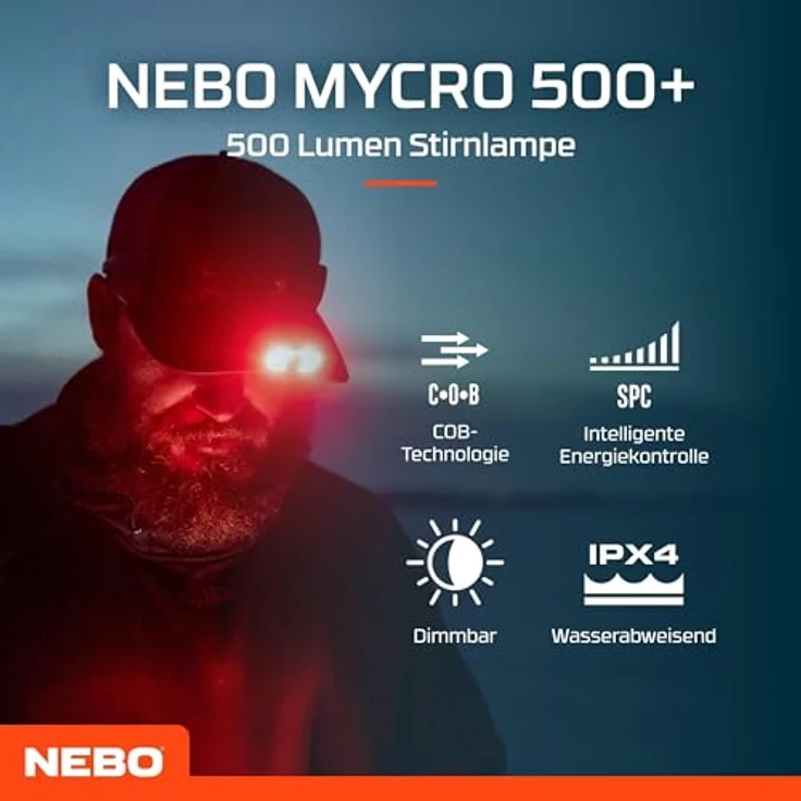 NEBO MYCRO 500+, wiederaufladbare Kopflampe mit 500 Lumen, wasserfest, Aluminium-Design, Spot- und Flutlichtmodi, verstellbares Kopfband – Bild 3