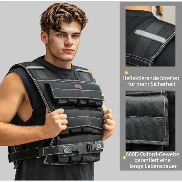 SPORTNOW Gewichtsweste verstellbar, 20kg mit reflektierenden Streifen, für Gewichtheben und Fitness, Schwarz – Bild 6
