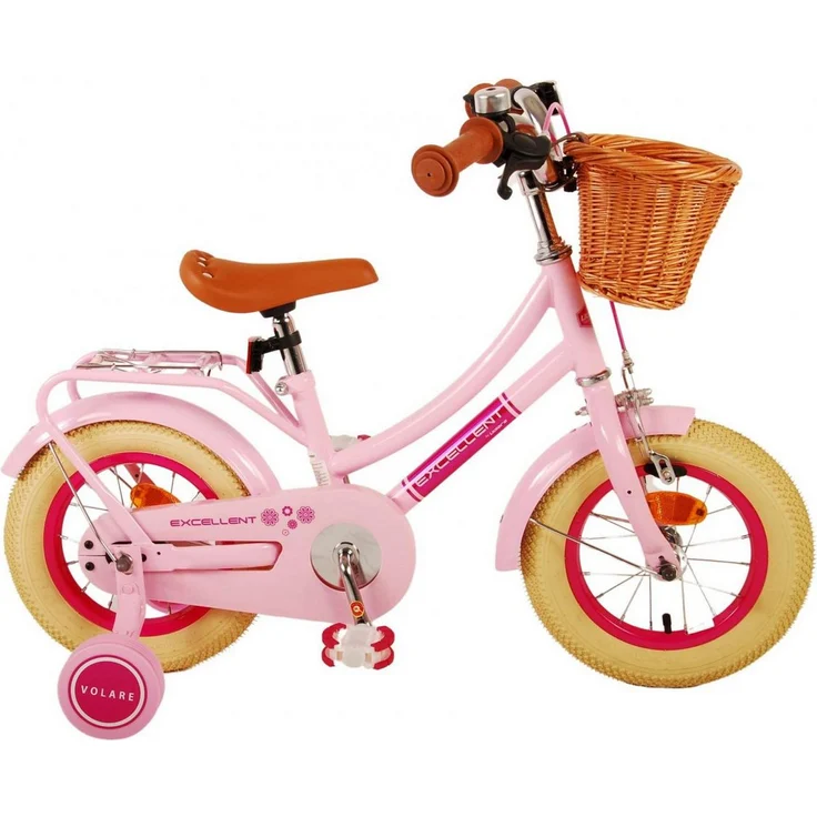 Volare Excellent 12 Zoll Kinderfahrrad für Mädchen, rosa, mit Handbremse, Rücktrittbremse, abnehmbaren Seitenrädern und Weidenkorb