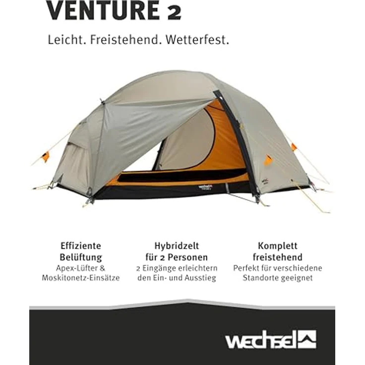 Wechsel Trekkingzelt Venture 2, Kuppelzelt für 2 Personen, freistehendes Hybridzelt, schnell aufbaubar, kompakt & transportabel, ideal für Camping, Wandern & Bike Packing – Bild 2