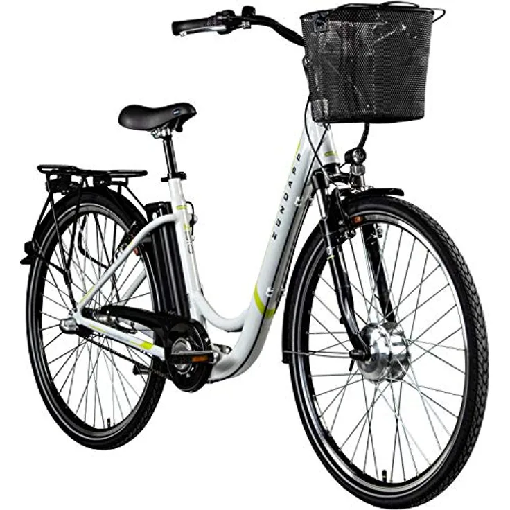 ZÜNDAPP E Damenrad 700c E-Bike Pedelec Z510 Citybike Elektrofahrrad 28" (weiß/grün, 48 cm) - Damen E-Bike mit 3 Gang Nabenschaltung, starkem Vorderradmotor und 115 km Reichweite