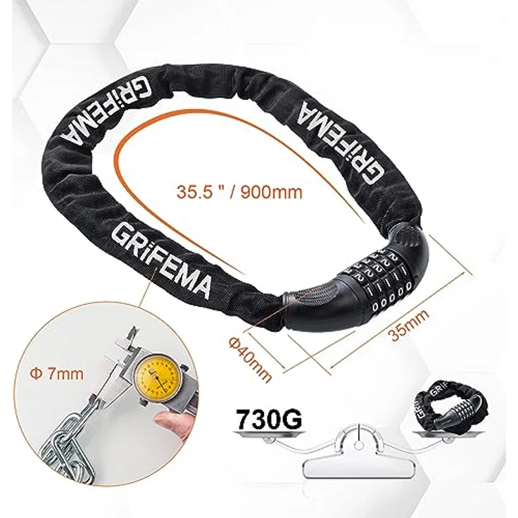 GRIFEMA Fahrradschloss mit 5-stelliger Kombination, Kettenschloss aus gehärtetem Stahl, 7 mm x 900 mm, schwarz, hohe Sicherheitsstufe, wetterfest – Bild 2