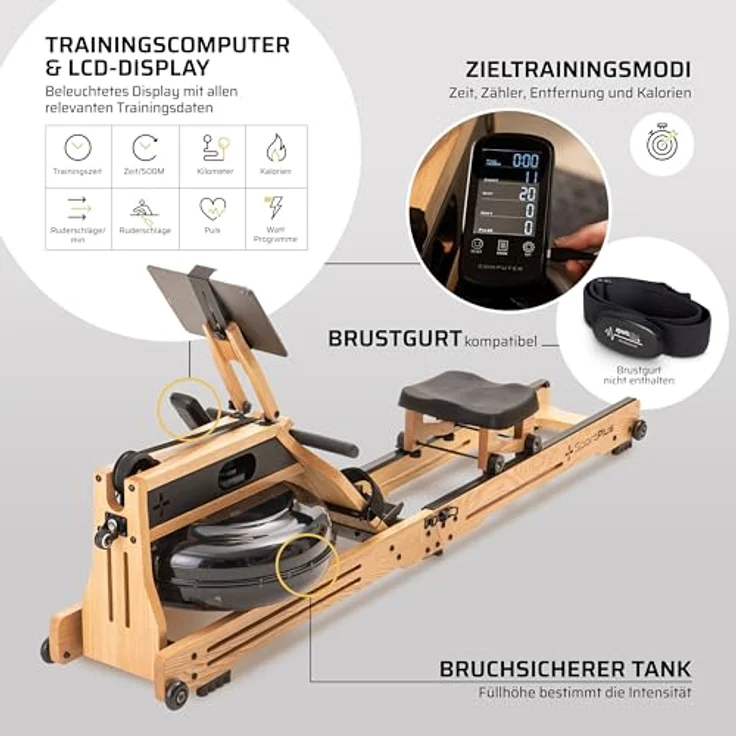 SportPlus Wasser-Rudergerät klappbar für zuhause aus Natur-Massivholz (Eiche), Holz-Rudergerät mit Trainingscomputer, Rudermaschine mit Tablethalterung für Ausdauertraining, Rowing Machine – Bild 4