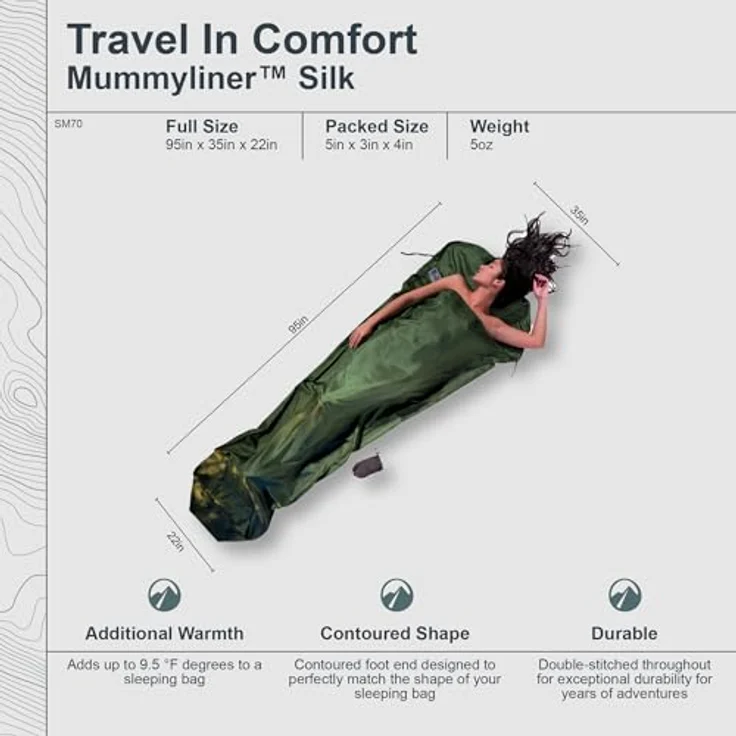 Cocoon MummyLiner, Innenschlafsack aus 100% Seide, leicht und temperaturausgleichend, 241 cm, +5,3 °C Wärmeleistung – Bild 3