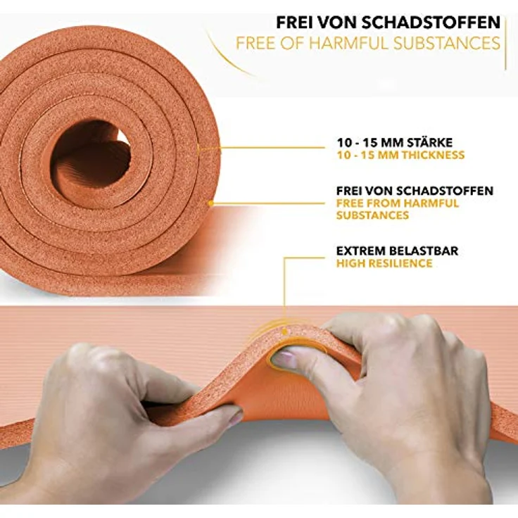 TRESKO Yogamatte, Phthalatfrei, rutschfest und gelenkschonend, mit Tragegurt, 190 x 100 x 1,5 cm, Orange – Bild 3
