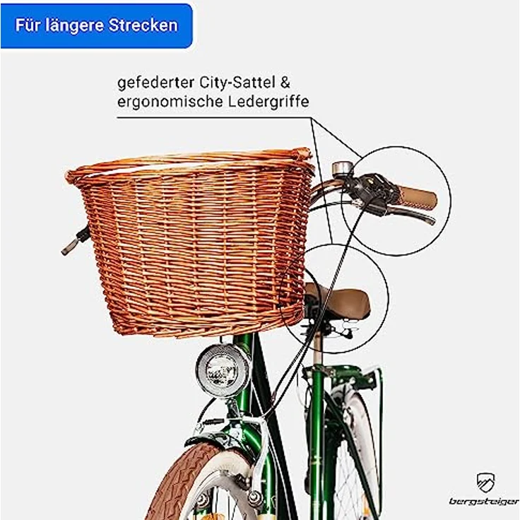 Bergsteiger Marseille 28 Zoll Damenfahrrad, ab 150 cm, Korb aus Rattan, Fahrrad-Licht, Damen-Citybike, Retro-Design, 6 Gang Shimano Tourney, Kettenschaltung (blau) – Bild 3