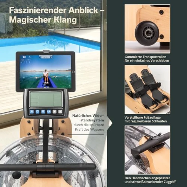 Skandika Wasserrudergerät Nytta | 45° Tank, Holz Rudergerät für Zuhause, klappbar, Kinomap App kompatibel, Europäisches Buchenholz | Holzrudergerät mit Wasserwiderstand – Bild 4