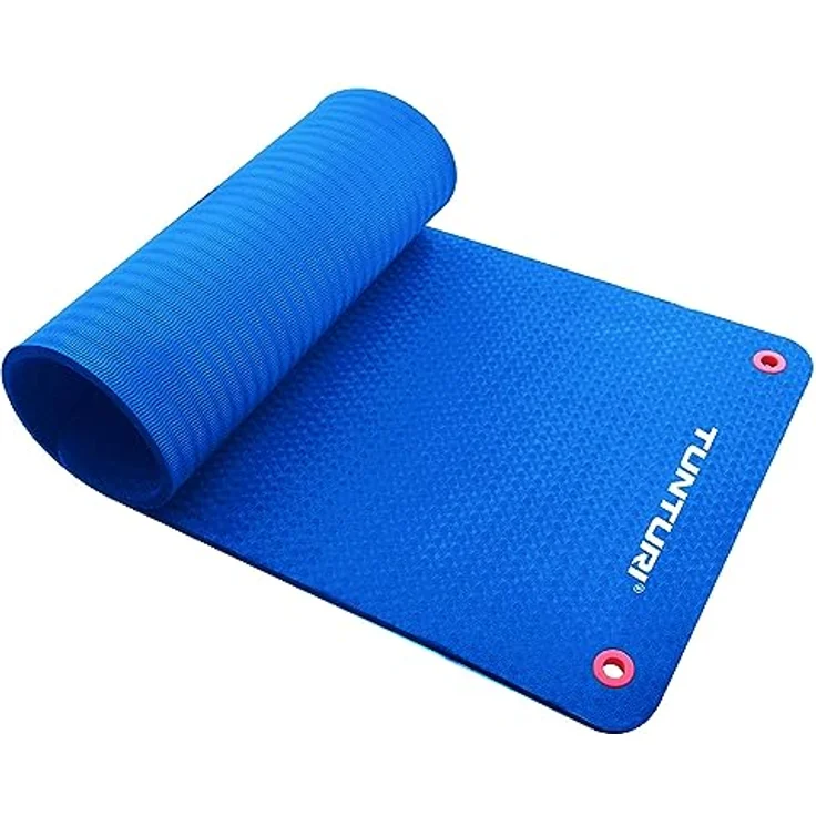 Tunturi Yogamatte, professionelle 15 mm TPE Fitnessmatte, blau schwarz, beidseitig verwendbar mit Ösen zum Aufhängen – Bild 1