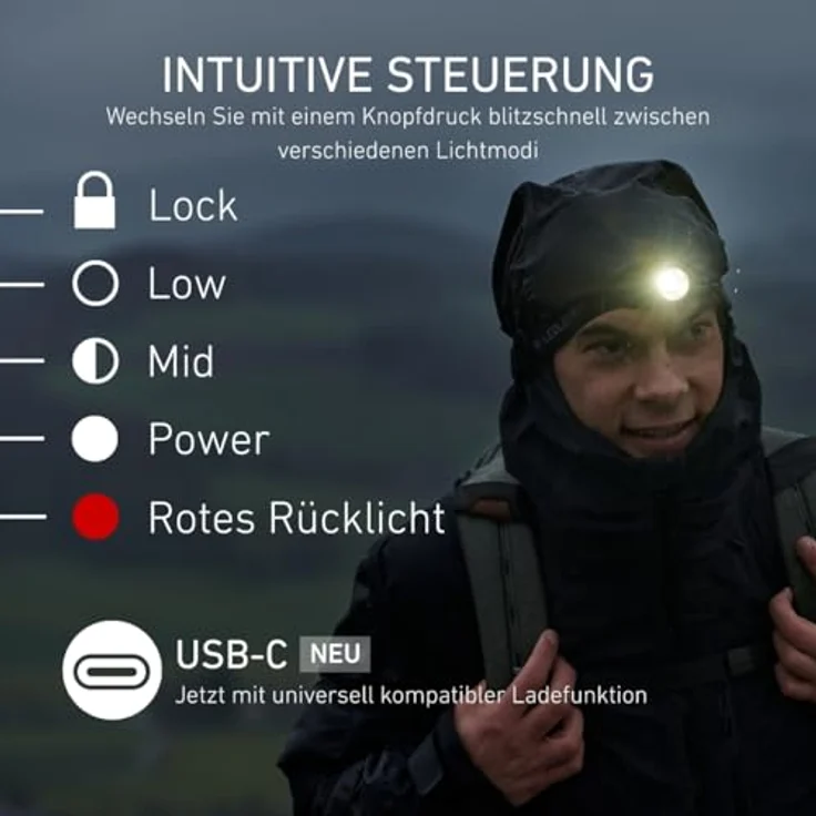 Ledlenser H8R LED Stirnlampe 25th Anniversary, 600 lm, USB-C, 2× 18650 Akku, rotes Sicherheitslicht, IP54, bis zu 120 Std Laufzeit – Bild 3