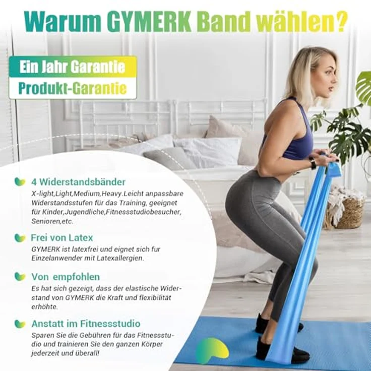 GYMERK Fitnessbänder Set 4er, 1.8M/2M Widerstandsbänder in Gelb, Rot, Grün, Blau, 4 Widerstandsstufen mit Übungsposter und Tragetasche, Ideal für Yoga, Pilates und Muskelaufbau – Bild 3