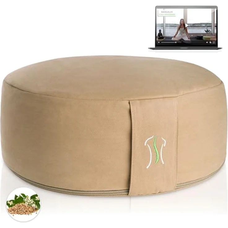 BACKLAxx® Yoga Kissen, Meditationskissen XL Ø35cm [30% mehr Sitzfläche], 15cm hoch mit Buchweizenfüllung, perfektes Meditation Zubehör, Yogakissen rund inkl. Videokurs - Pouf Sitzkissen Boden – Bild 1