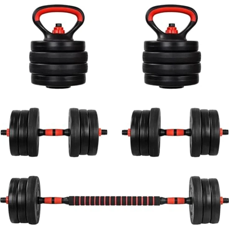 MOVIT 6in1 Hantelset 30 kg rot, Profi Hantel Set mit 2 Kurzhanteln, Kettlebell, Liegestützgriffen und verstellbaren Langhanteln – Bild 1