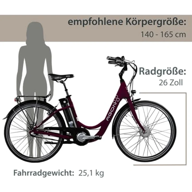 Agon Axis E Bike Citybike 26 Zoll Elektrofahrrad 250W Motor bis 115 km 3 Gang 10,4 Ah Lithium Ionen Akku Gepäckträger Damen und Herren 140-165 cm (Purple Violet, 46 cm) – Bild 3
