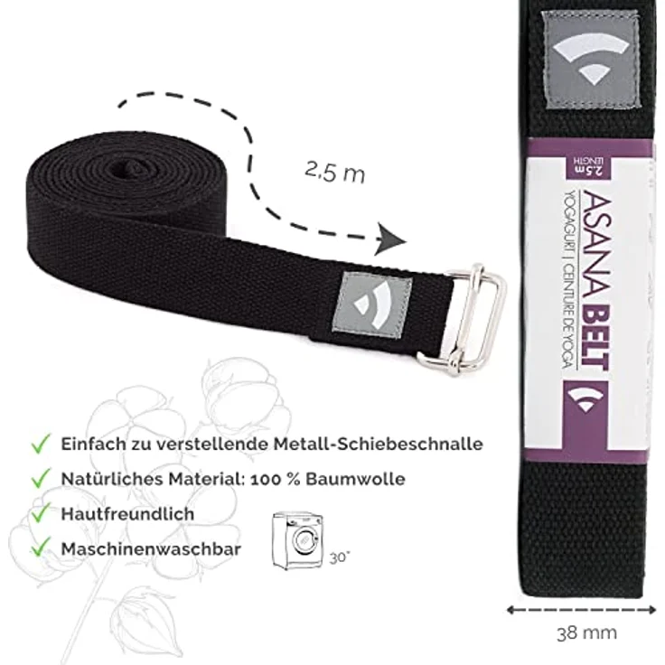 Bodhi Yogagurt | ASANA Belt aus 100% Baumwolle | Praktisches Yoga-Zubehör zur Dehnung | Yoga-Gurt mit Schiebeschnalle aus Metall | Anfänger & Fortgeschrittene | 250 x 3,8 cm (schwarz) – Bild 3