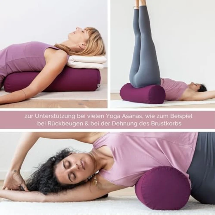 Bodhi Yoga Bolster, Yogarolle aus 100% Bio-Baumwolle mit Bio Dinkelfüllung, waschbar, rund, 65 x 20 cm, rosé – Bild 5