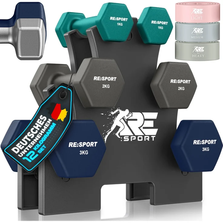 RE:SPORT® Hantel-Set 12 kg, 2×1 kg, 2×2 kg, 2×3 kg, inkl. Ständer & 3x Fitnessbänder, rutschfeste Neopren Kurzhanteln für Damen & Herren, ideal für Ganzkörpertraining