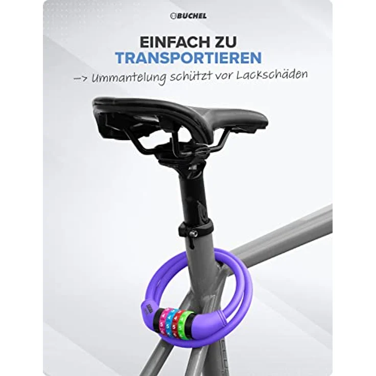 Büchel Sekura Fahrradschloss Kinder, schlüsselloses Zahlenschloss mit Halterung, 120cm, violett, über 10.000 Kombinationen – Bild 4