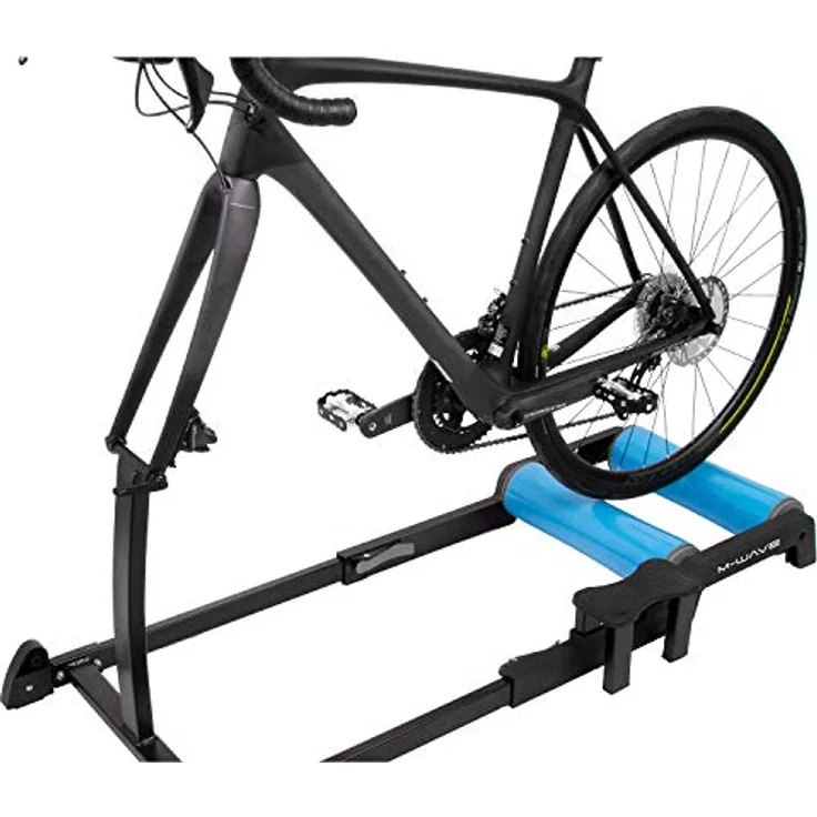 M-Wave Fahrrad Trainings Rolle, Rollentrainer für 26" bis 29" Fahrräder, schwarz/blau, werkzeuglose Längenanpassung, leiser Lauf, platzsparend zusammenklappbar