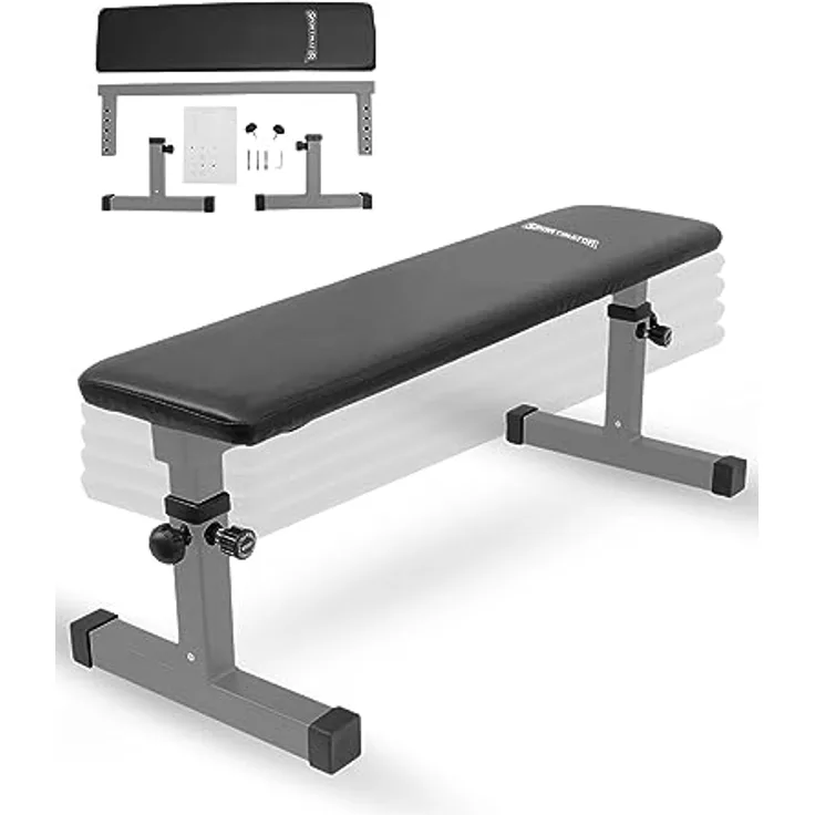 SPORTINATOR® höhenverstellbare Flachbank mit abwischbarem Kunstlederbezug und drei Halterungen. Für diverse Kraftsportübungen in Ihrem Homegym - Preisvergleich