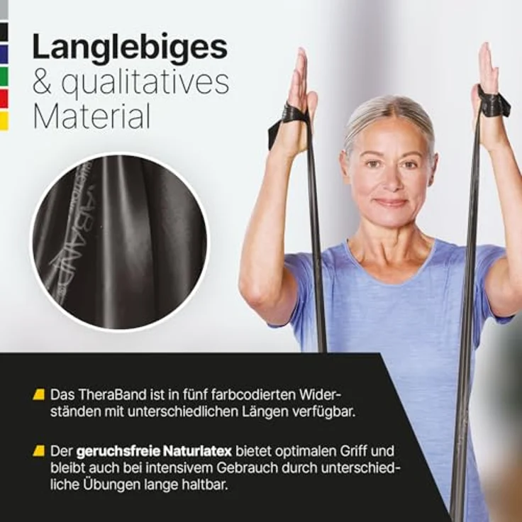 THERABAND 2,50m Fitnessband aus 100% Naturlatex mit Anleitung in schwarz | Gymnastikband für Ganzkörpertraining | Widerstandsband für Zuhause | Pilates-Band für effektives Krafttraining – Bild 4