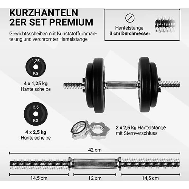 MSPORTS Hantelset Kurzhanteln 2er Set Premium 20 kg oder 30 kg Hantelstange, Hantelscheiben und Sternverschlüsse I Hantelstangen gerändelt 30/31mm Hantel (20 KG) – Bild 2