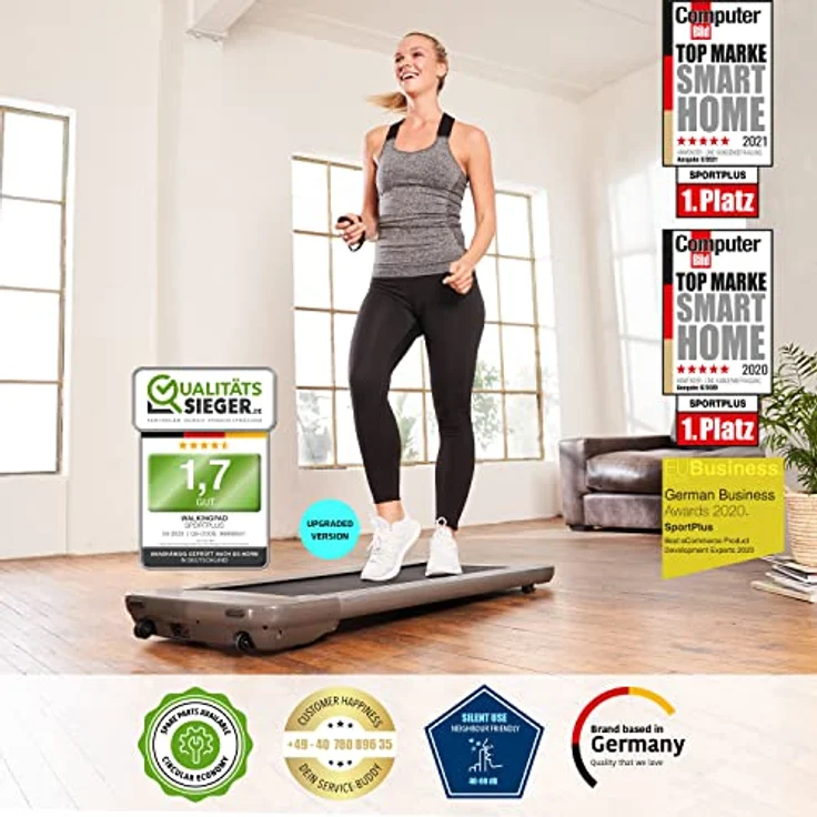 SportPlus Walking Laufband für zuhause & im Büro - Walking Pad bis 6 km/h (leiser Motor), ideal als Desk Laufband am Schreibtisch,kein Joggen möglich, bis 120 kg,Grau-Schwarz,ca. 133x53x10 cm (LxBxH) – Bild 2