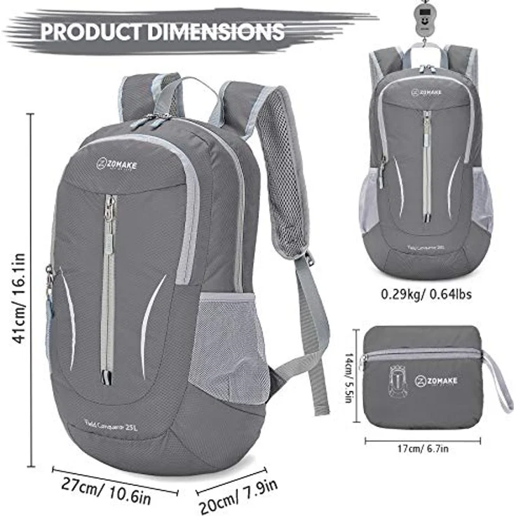 ZOMAKE Ultraleichter faltbarer Rucksack, wasserabweisend, 25 l, Blassgrau – Bild 2