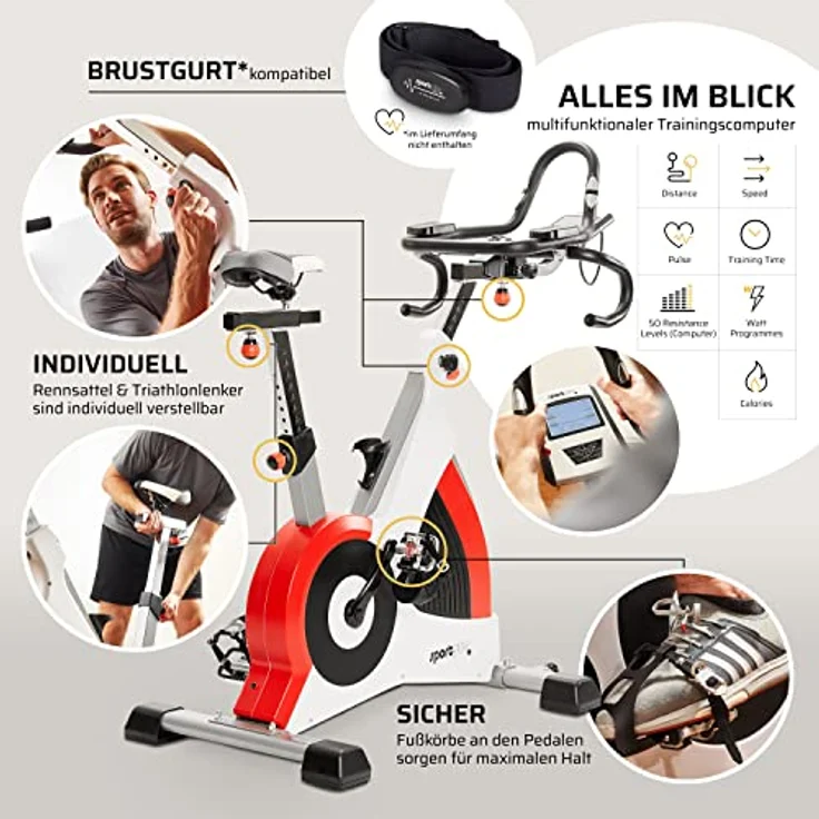 SportPlus Speedracer, Indoor Cycling Bike in Studioqualität, 50 Widerstandsstufen, Triathlonlenker & Rennsattel, Bis 500 Watt, Benutzergewicht bis 150 kg, SP-SRP-3000 – Bild 4