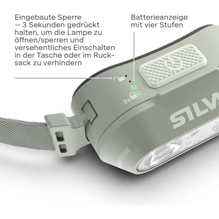 Silva Smini Stirnlampe, LED Wiederaufladbar USB C, 250 Lumen, 3 Helligkeitsstufen, Weiß & Rot, 53 Gramm, IPX5 wasserdicht, Batterieanzeige, inkl. Stirnband und Rücklicht – Bild 2