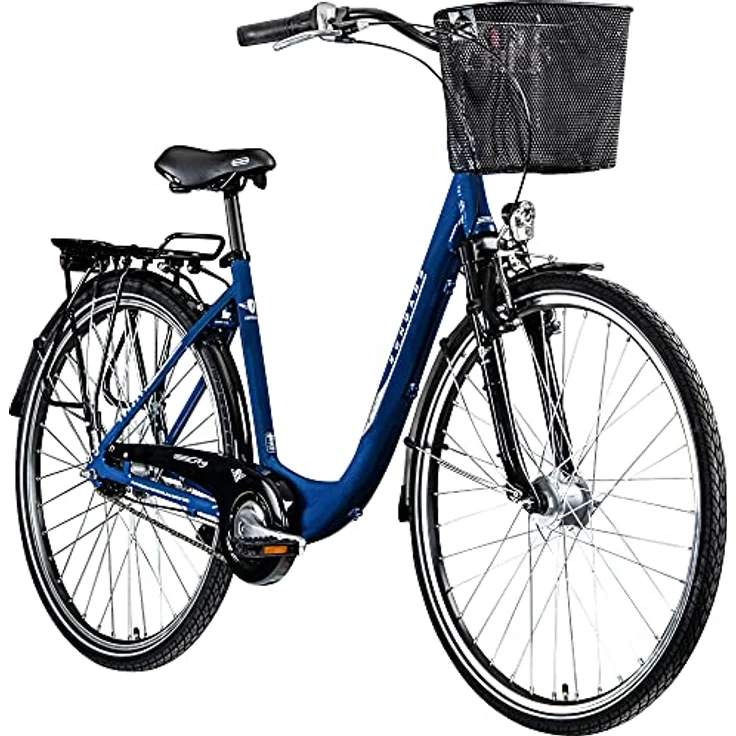 ZÜNDAPP Z700 Damen Fahrrad Damenfahrrad Tiefeinsteiger mit Korb City Bike V Brake Retro Fahrrad Hollandrad mit Gangschaltung Cityrad mit Federgabel (blau, 46 cm) – Bild 1