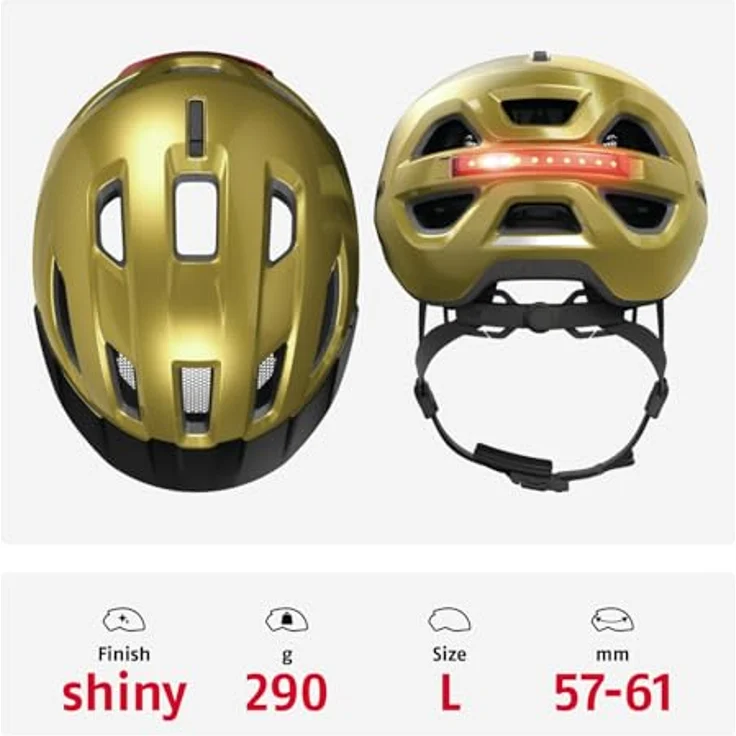 ABUS Stadthelm Urban-I 4.0, Fahrradhelm mit aufladbarem Rücklicht, 2 Leuchtmodi, Schirm, Zopf-Öffnung, magnetischem Verschluss, Größe L, gelb – Bild 3