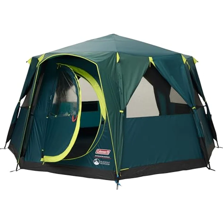 Coleman Zelt Octagon Blackout, 8 Mann Zelt, Familienzelt 8 Personen, Festivalzelt, Luxus Zelt, Steilwandzelt Hauszelt, 2 Türen, 7 Fenster, wasserdicht WS 2.000 mm – Bild 1
