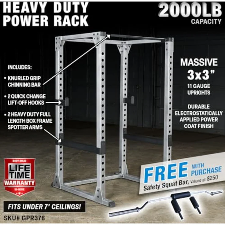 Body-Solid GPR378 Power Rack, Grau/Schwarz, One Size - Großes Design, 20 einstellbare Höhen, 105 cm gekrümmte Klimmzugstange – Bild 2