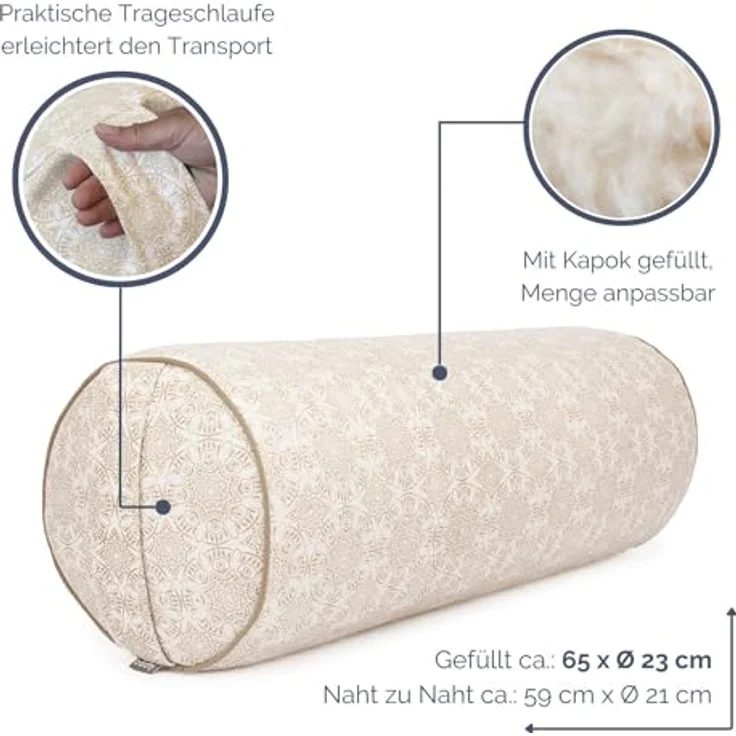 Bodhi Yoga Bolster Ø 22 cm | Maharaja Collection | Yogarolle mit abnehmbarem und waschbarem Bezug aus 100% Baumwolle | Yogakissen gefüllt mit Kapokfasern | Madurai/Ecru – Bild 3
