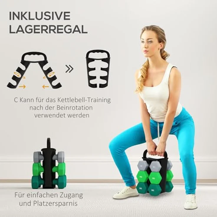 SPORTNOW Hanteln Set 6 Kurzhanteln, 2 x 3kg, 2 x 4kg, 2 x 5kg Hexagon-Hanteln mit Klappbarem Hantelständer, für Fitness und Zuhause, robust und bodenschonend – Bild 4