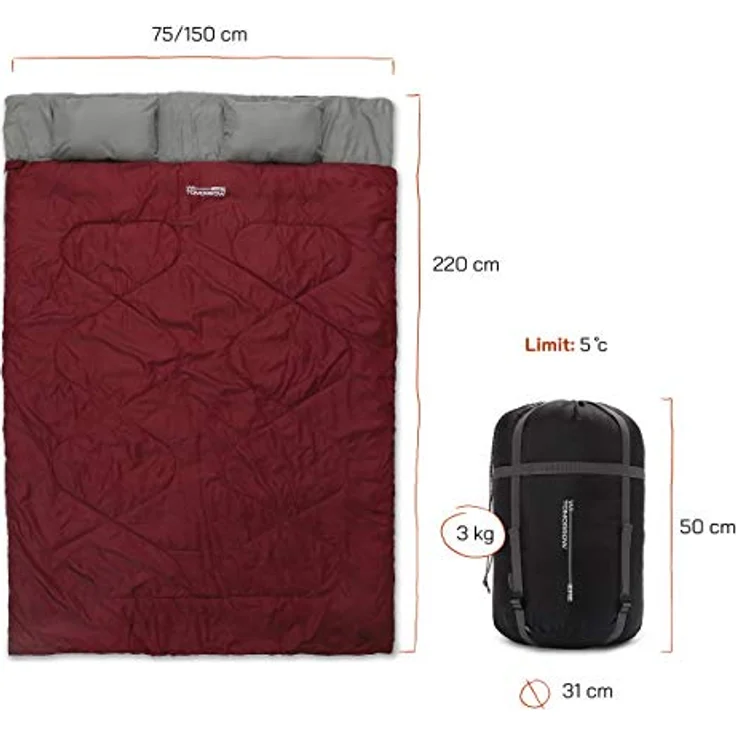 Lumaland Where Tomorrow Doppelschlafsack 190 x 150 cm - Weinrot, 2-Personen Schlafsack, wasserabweisend, atmungsaktiv, 300 g/m² – Bild 2