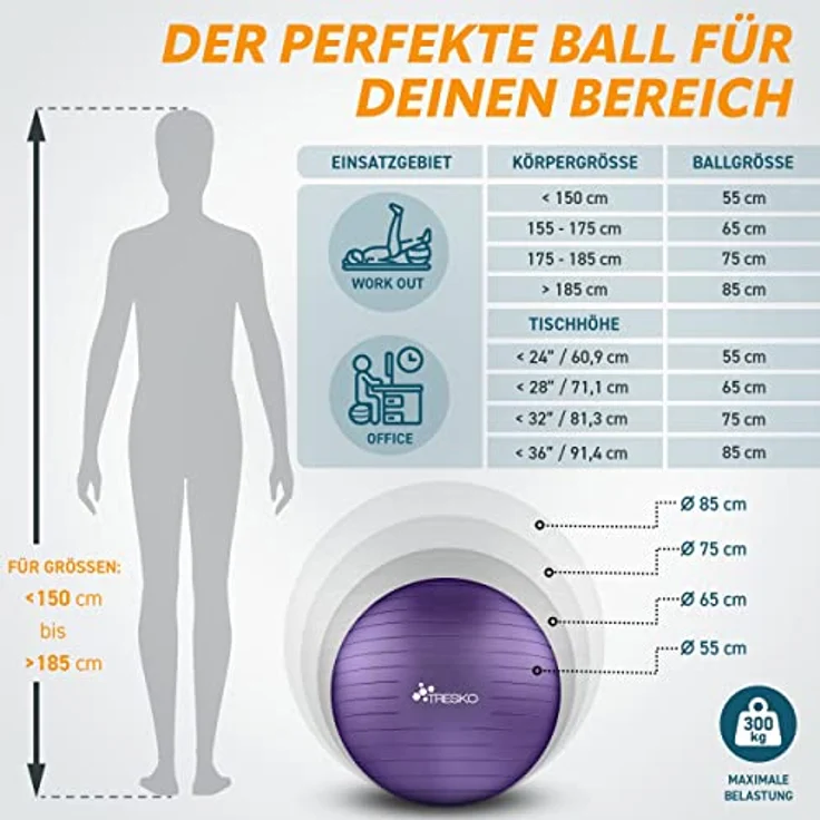 TRESKO Gymnastikball mit GRATIS Übungsposter inkl. Luftpumpe - Yogaball BPA-Frei | Sitzball Büro | Anti-Burst | 300 kg,Lila,85cm (für Körpergröße über 185cm) – Bild 5