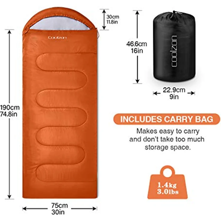 Coolzon Camping-Schlafsack, 3-4 Jahreszeiten, ultraleicht, weich, dick und warm mit Kompressionssack, für Erwachsene, kleine Größe – Bild 2