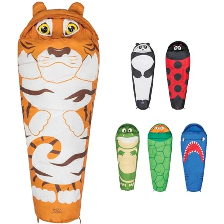 Highlander Kinder-Schlafsack im Mumien-Stil, warm und leicht, mit kreativen Designs (Schildkröte, Hai, Panda, Marienkäfer), ideal für Camping und Übernachtungen, 170 cm lang – Bild 1