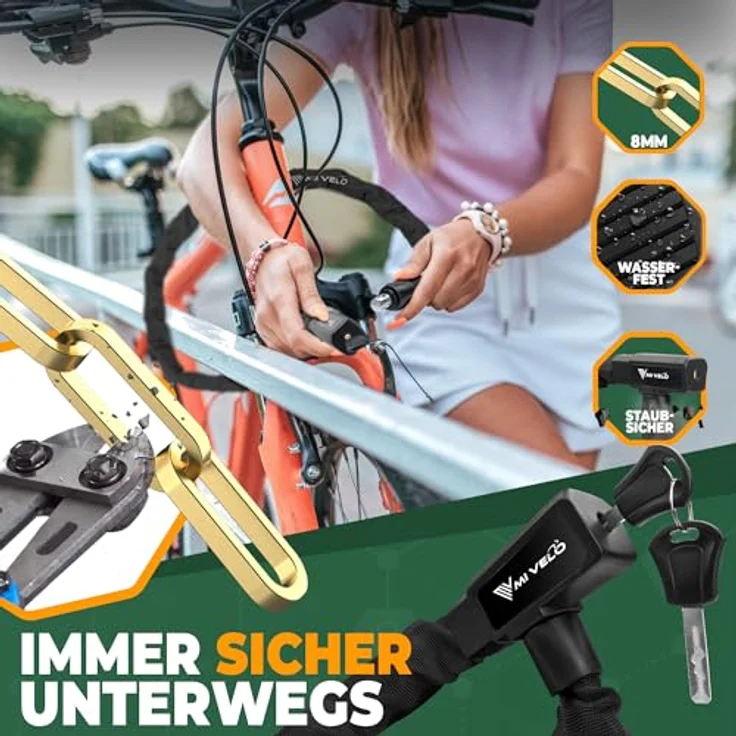MIVELO Kettenschloss, Fahrradschloss aus 8mm gehärtetem Stahl, 100cm lang, hohe Sicherheit für E-Bike, MTB & Rennrad, inkl. Schlüssel – Bild 2