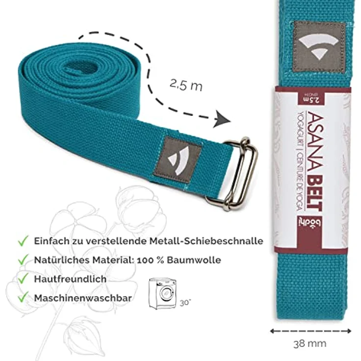 Bodhi Yogagurt | ASANA Belt aus 100% Baumwolle | Praktisches Yoga-Zubehör zur Dehnung | Yoga-Gurt mit Schiebeschnalle aus Metall | Anfänger & Fortgeschrittene | 250 x 3,8 cm (petrol) – Bild 3